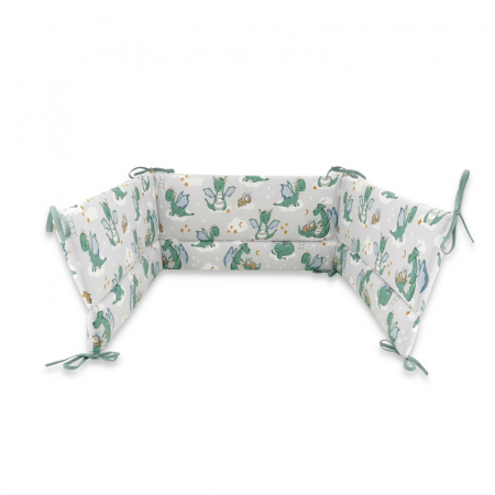 Siguranta si Sanatate - Aparatoare pentru patut, Qmini, Din bumbac certificat Oeko Tex Standard 100, 180x30 cm, Cu panglici, Dragons Gray