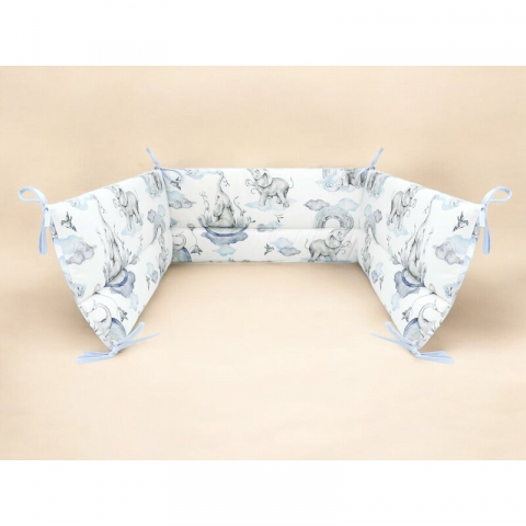 Aparatoare pentru patut, Qmini, Din bumbac certificat Oeko Tex Standard 100, 180x30 cm, Cu panglici, Elephants on Rainbow Blue [1]