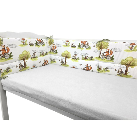 Aparatoare pentru patut, Qmini, Din bumbac certificat Oeko Tex Standard 100, 180x30 cm, Cu panglici, Fox on bikes Natural [2]