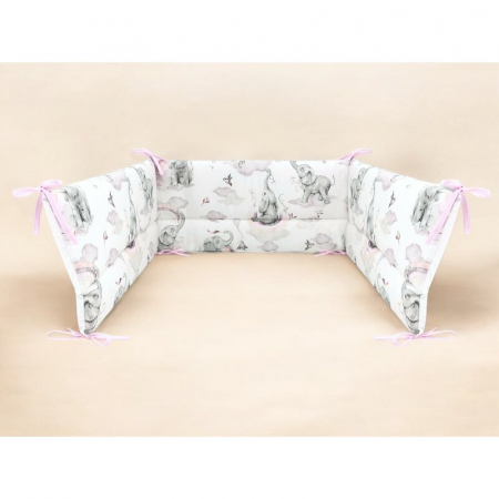 Aparatoare pentru patut, Qmini, Din bumbac certificat Oeko Tex Standard 100, 210x30 cm, Cu panglici, Elephants on Rainbow Pink [1]