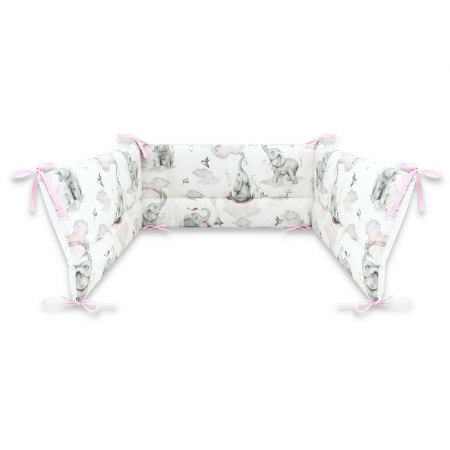 Siguranta si Sanatate - Aparatoare pentru patut, Qmini, Din bumbac certificat Oeko Tex Standard 100, 210x30 cm, Cu panglici, Elephants on Rainbow Pink