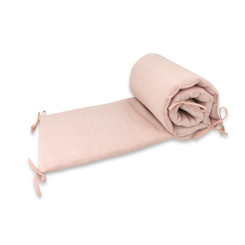 Siguranta si Sanatate - Aparatoare pentru patut, Qmini, Din muselina dubla, 180x30 cm, Cu panglici, Material certificat Oeko Tex Standard 100, Powder Pink