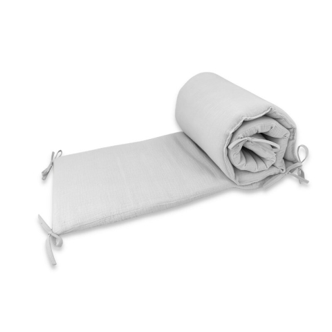 Siguranta si Sanatate - Aparatoare pentru patut, Qmini, Din muselina dubla, 180x30 cm, Din material certificat Oeko Tex Standard 100, Cu panglici, Gray