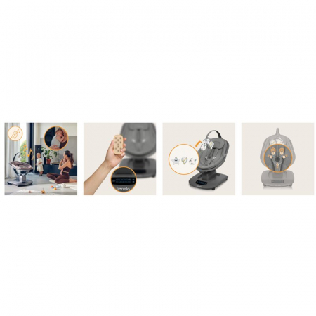 Balansoar si sezlong, Lionelo, Blossom, 5 melodii, 5 moduri de balansare, Cu jucarii, Husa respirabila, 60% bambus, Cu telecomanda, Reglare pozitie scaun pentru somn, Pana la 9 kg, Gri [24]