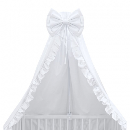 Mobilier si Lenjerie - Baldachin, MimiNu, Din tull, pentru patut, cu funda si volan, 210x145 cm, Material certificat Oeko Tex Standard 100, Alb