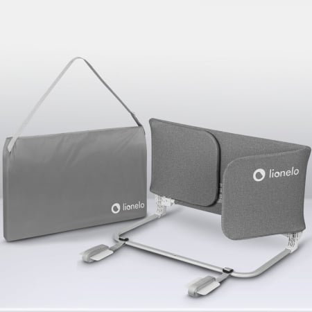 Bariera de protectie pentru pat, Lionelo, Lora XL, Pliabila, Sistem de blocare StandSafe, Geanta de transport inclusa, 150x46 cm, Conform cu BS 7972:2001+A1:2009, Gri [19]