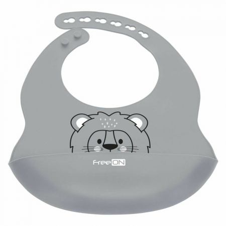 Alaptare si Hranire - Baveta, FreeON, Moale, Din silicon, Fara BPA, Cu buzunar, 31 x 24 cm, Lion Grey
