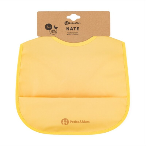 Alaptare si Hranire - Baveta impermeabila cu buzunar, Petite&Mars, Nate, Fara PVC si ftalati, 37 × 27 cm, 6 luni+, Prindere velcro, Ocru