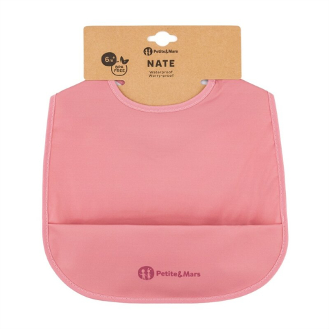 Alaptare si Hranire - Baveta impermeabila cu buzunar, Petite&Mars, Nate, Fara PVC si ftalati, 37 × 27 cm, 6 luni+, Prindere velcro, Roz