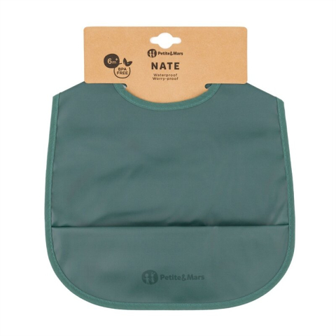 Alaptare si Hranire - Baveta impermeabila cu buzunar, Petite&Mars, Nate, Fara PVC si ftalati, 37 × 27 cm, 6 luni+, Prindere velcro, Verde