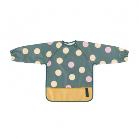 Alaptare si Hranire - Baveta impermeabila, Petite&Mars, Cu maneci lungi, Usor de curatat, inchidere prin velcro, Dimensiune 38x42 cm, 24 luni+, Beige Citrus