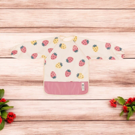 Baveta impermeabila, Petite&Mars, Cu maneci lungi, Usor de curatat, inchidere prin velcro, Dimensiune 38x42 cm, 24 luni+, Beige Strawberies [1]
