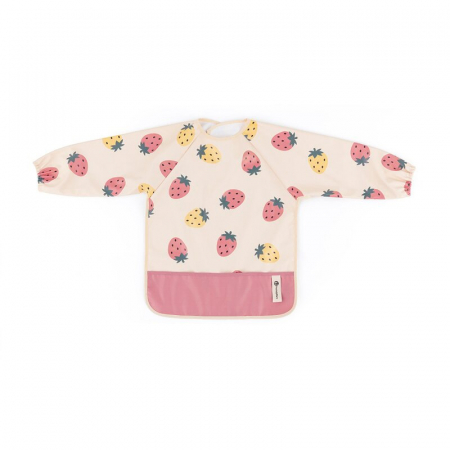 Alaptare si Hranire - Baveta impermeabila, Petite&Mars, Cu maneci lungi, Usor de curatat, inchidere prin velcro, Dimensiune 38x42 cm, 24 luni+, Beige Strawberies