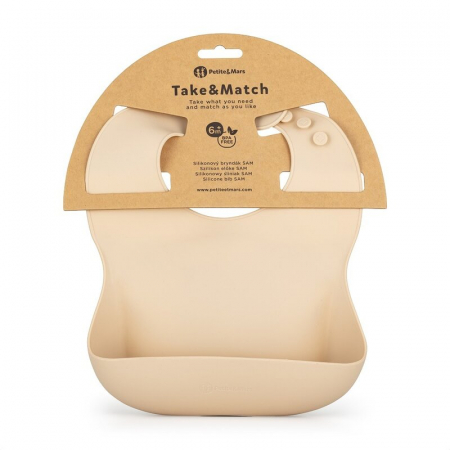 Baveta moale, Petite&Mars, Take&Match, Reglabil, Cu buzunar colector, Silicon, Fara BPA, 6 luni+, Bej [2]