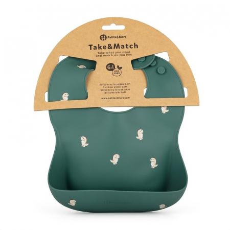 Baveta moale, Petite&Mars, Take&Match, Reglabil, Cu buzunar colector, Silicon, Fara BPA, 6 luni+, Model dinozauri, Verde [2]