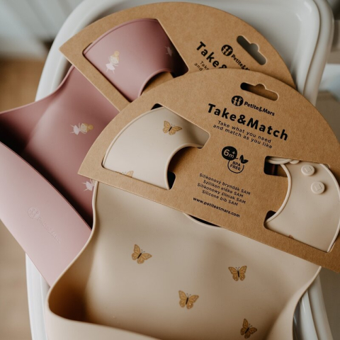 Baveta moale, Petite&Mars, Take&Match, Reglabila, Cu buzunar colector, Silicon, Fara BPA, 6 luni+, Frosted Sky, Albastru [5]