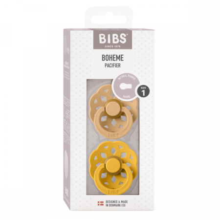 BIBS - Set 2 suzete Boheme Latex, tetina rotunda, 0 luni +-Desert Sand/Honey Bee [1]
