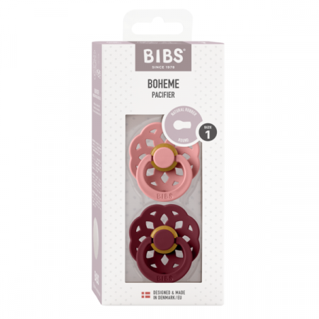 BIBS - Set 2 suzete Boheme Latex, tetina rotunda, 0 luni +-Dusty Pink/Elderberry [1]