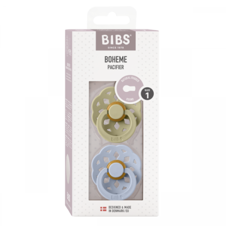 BIBS - Set 2 suzete Boheme Latex, tetina rotunda, 0 luni +-Khaki/Dusty Blue [1]