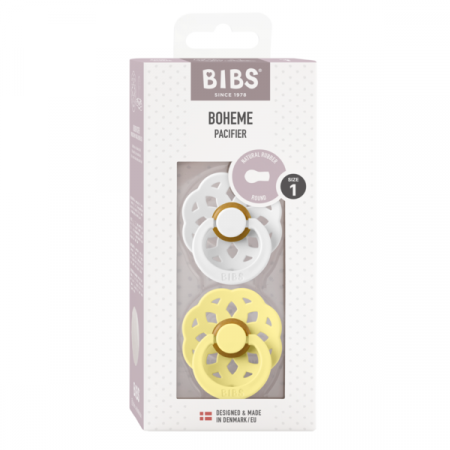 BIBS - Set 2 suzete Boheme Latex, tetina rotunda, 0 luni +-White/Sunshine [1]