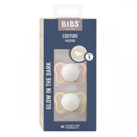 BIBS - Set 2 suzete Fosforencente Couture Glow Latex, tetina anatomica, 0 luni +-Blush/Vanilla [1]