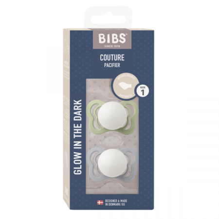 BIBS - Set 2 suzete Fosforencente Couture Glow Latex, tetina anatomica, 0 luni +-Sage/Cloud [1]