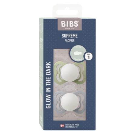 BIBS - Set 2 suzete Supreme Fosforescente GLOW Silicon, tetina simetrica, 0 luni +-Sage/Cloud [1]