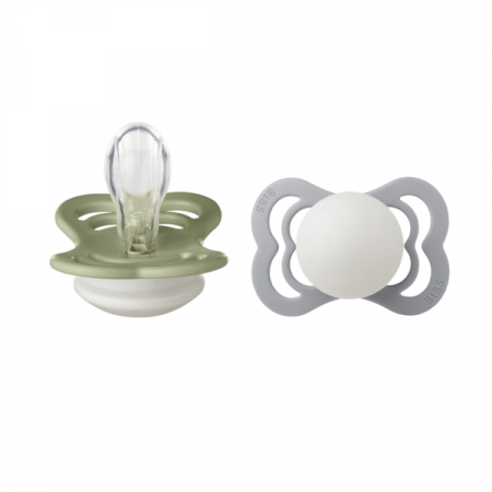 Imbracaminte si Accesorii - BIBS - Set 2 suzete Supreme Fosforescente GLOW Silicon, tetina simetrica, 0 luni +-Sage/Cloud