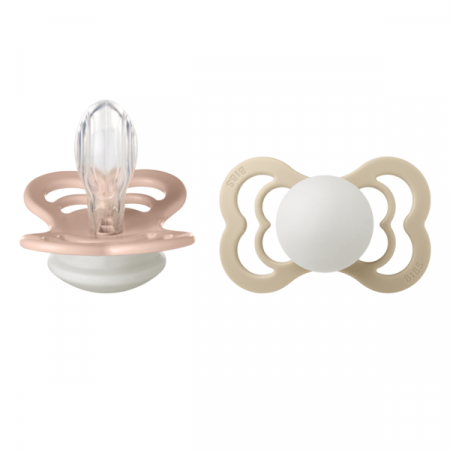 Imbracaminte si Accesorii - BIBS - Set 2 suzete Supreme Fosforescente GLOW Silicon, tetina simetrica, 6 luni +-Blush/Vanilla