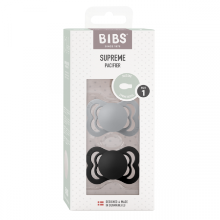 BIBS - Set 2 suzete Supreme Silicon, tetina simetrica, 0 luni +-Cloud/Black [1]