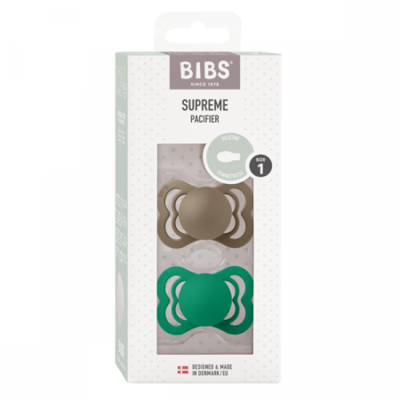 BIBS - Set 2 suzete Supreme Silicon, tetina simetrica, 0 luni +-Dark Oak/Evergreen [1]