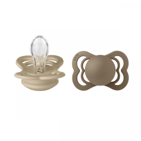 Imbracaminte si Accesorii - BIBS - Set 2 suzete Supreme Silicon, tetina simetrica, 0 luni +-Vanilla/Dark Oak