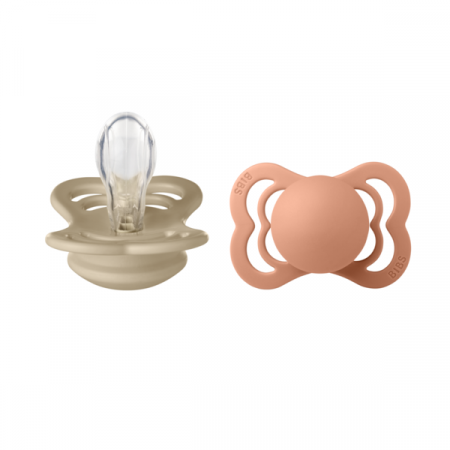Imbracaminte si Accesorii - BIBS - Set 2 suzete Supreme Silicon, tetina simetrica, 0 luni +-Vanilla/Peach