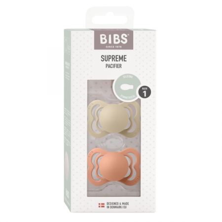 BIBS - Set 2 suzete Supreme Silicon, tetina simetrica, 0 luni +-Vanilla/Peach [1]
