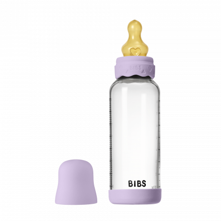 Alaptare si Hranire - BIBS - Set complet biberon Boheme din sticla anticolici cu tetina din latex, flux mediu, 240 ml, Violet Sky