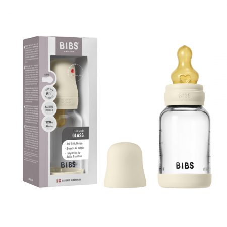 BIBS - Set complet biberon din sticla anticolici cu tetina din latex, flux lent, 120 ml, Ivory [4]