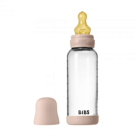Alaptare si Hranire - BIBS - Set complet biberon din sticla anticolici cu tetina din latex, flux mediu, 240 ml, Blush
