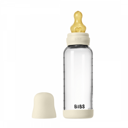 Alaptare si Hranire - BIBS - Set complet biberon din sticla anticolici cu tetina din latex, flux mediu, 240 ml, Ivory