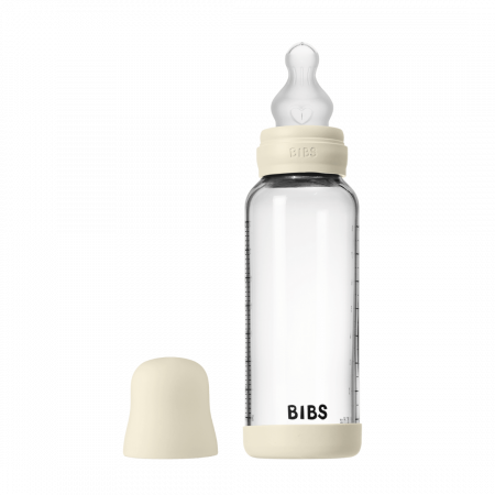 Alaptare si Hranire - BIBS - Set complet biberon din sticla anticolici cu tetina din silicon, flux mediu, 240 ml, Ivory