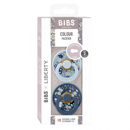BIBS x LIBERTY - Set 2 suzete Colour Chamomile Lawn Latex, tetina rotunda, 6 luni+-Baby Blue/Steel Blue [2]