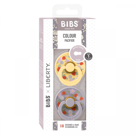 BIBS x LIBERTY - Set 2 suzete Colour Strawberries and Cream Latex, tetina rotunda, 0 luni+-Pale Butter/Fossil Grey [1]