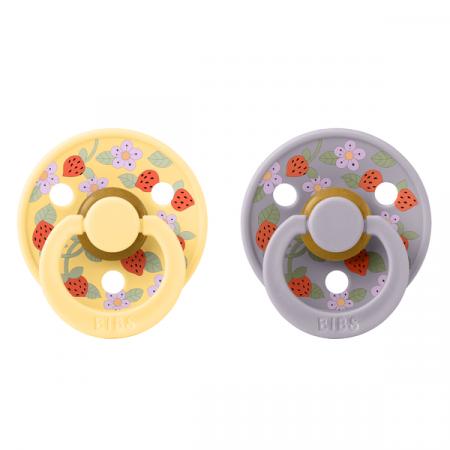BIBS x LIBERTY - Set 2 suzete Colour Strawberries and Cream Latex, tetina rotunda, 0 luni+-Pale Butter/Fossil Grey [2]