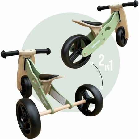 Bicicleta/tricicleta fara pedale, Free2Move, Din lemn, 2 in 1, Functie de bicicleta echilibru, Scaun reglabil, Roti ajustabile, Manere antiderapante, Varsta 1-3 ani, Conform cu standardele europene EN [2]