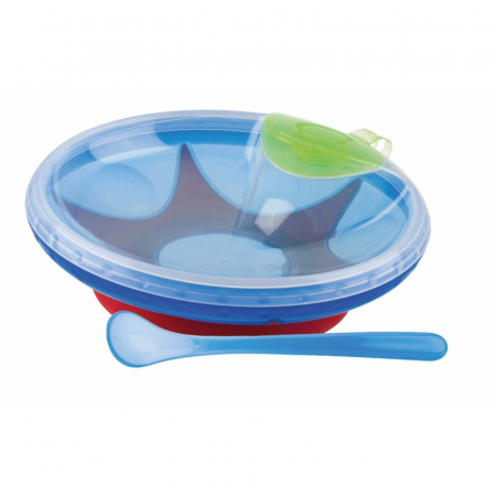 Alaptare si Hranire - Bol, Nuby, Cu ventuza, rezervor si lingura, Pentru a mentine alimentele calde, Sigur pentru masina de spalat vase si microunde, 400 ml, 3 luni+, Blue