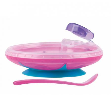 Alaptare si Hranire - Bol, Nuby, Cu ventuza, rezervor si lingura, Pentru a mentine alimentele calde, Sigur pentru masina de spalat vase si microunde, 400 ml, 3 luni+, Pink