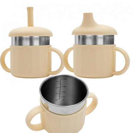 Alaptare si Hranire - Canuta, New Baby, Cu manere si gura de scurgere care poate fi folosita de sine statatoare sau cu pai, 50% silicon, 50% otel inoxidabil, Fara BPA, 0 luni+, Beige