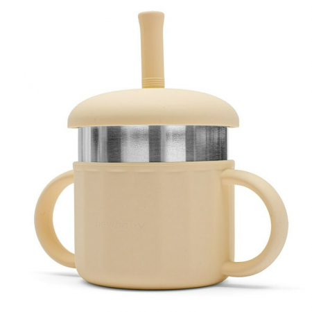 Canuta, New Baby, Cu manere si gura de scurgere care poate fi folosita de sine statatoare sau cu pai, 50% silicon, 50% otel inoxidabil, Fara BPA, 0 luni+, Beige [2]