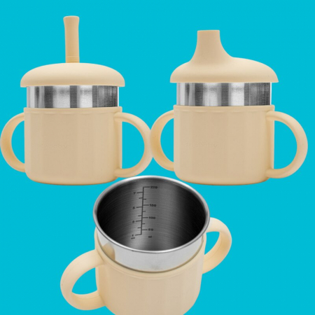 Canuta, New Baby, Cu manere si gura de scurgere care poate fi folosita de sine statatoare sau cu pai, 50% silicon, 50% otel inoxidabil, Fara BPA, 0 luni+, Beige [1]