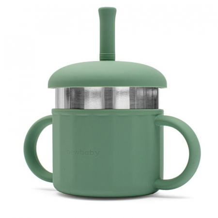 Canuta, New Baby, Cu manere si gura de scurgere care poate fi folosita de sine statatoare sau cu pai, 50% silicon, 50% otel inoxidabil, Fara BPA, 0 luni+, Green [1]