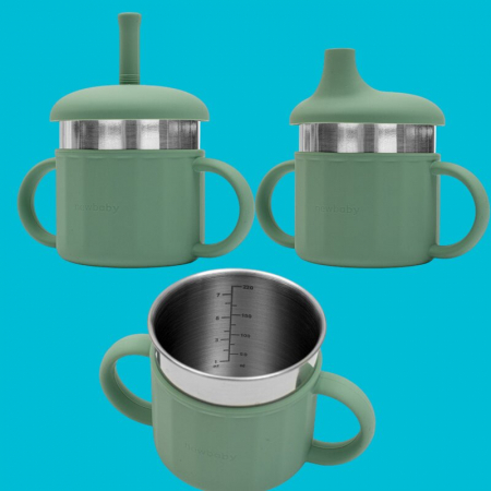 Canuta, New Baby, Cu manere si gura de scurgere care poate fi folosita de sine statatoare sau cu pai, 50% silicon, 50% otel inoxidabil, Fara BPA, 0 luni+, Green [2]